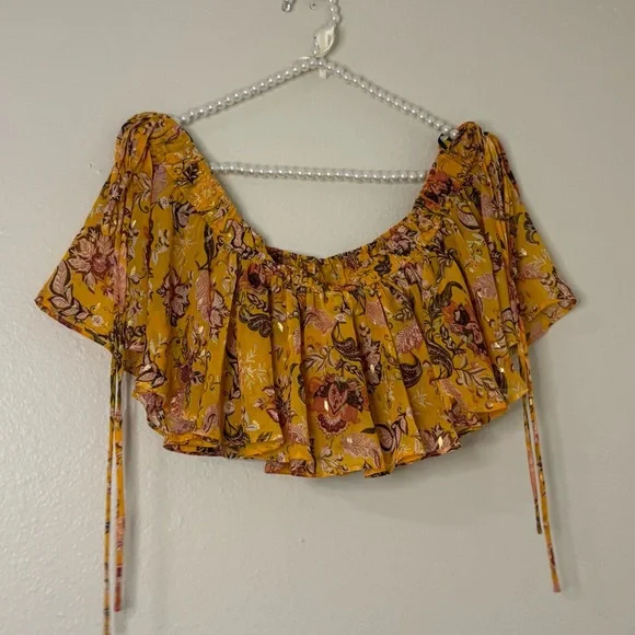 Forever 21 Women Yellow Floral Off The Shoulder Ruffle Crop Top - Picture 10 of 10